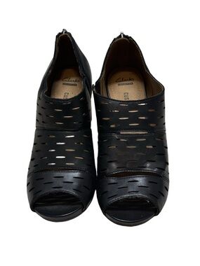 Clarks Black Perforated Open-Toe Wedge Booties